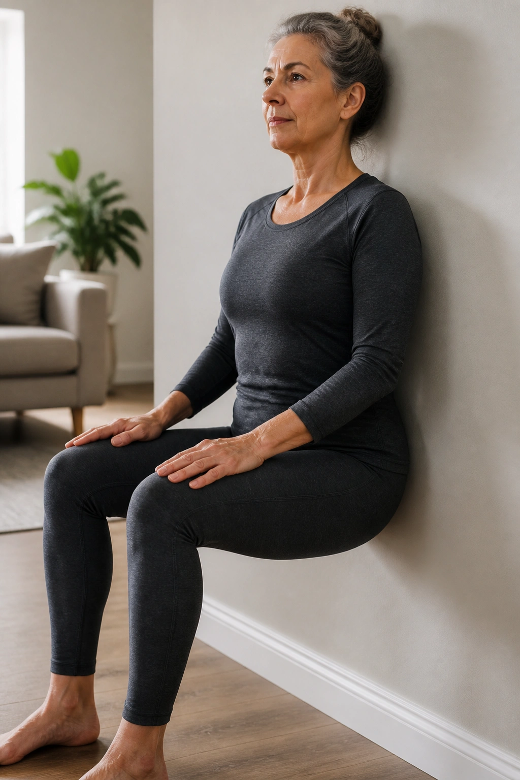 Person in wall sit position highlighting low-impact focus