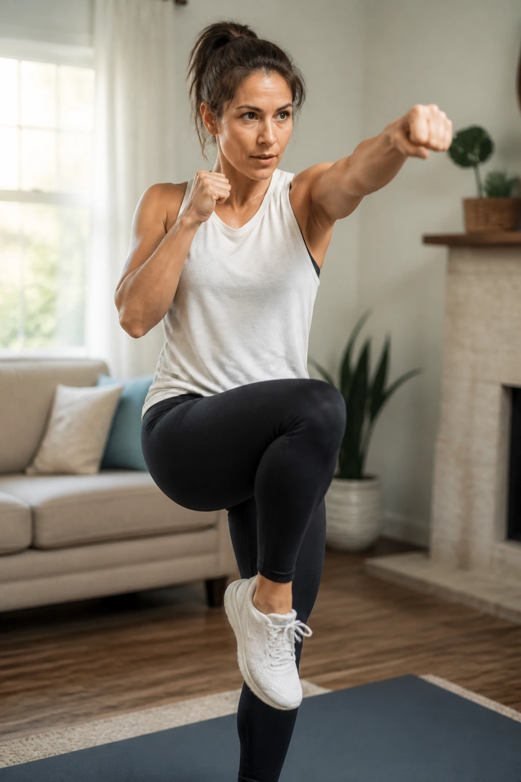 Close-up of a person marching in place while punching in a living room