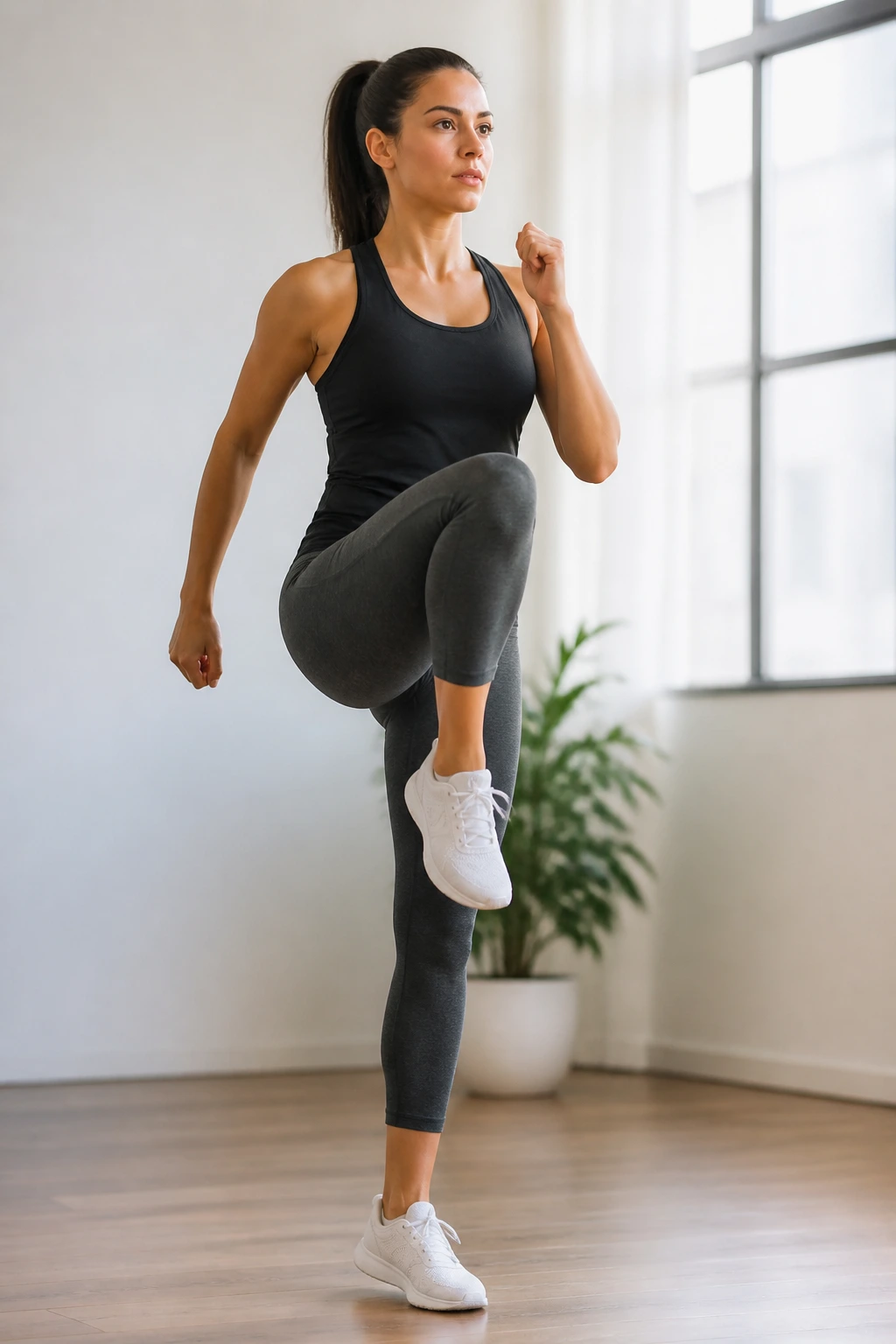 Person marching in place with knee drives indoors