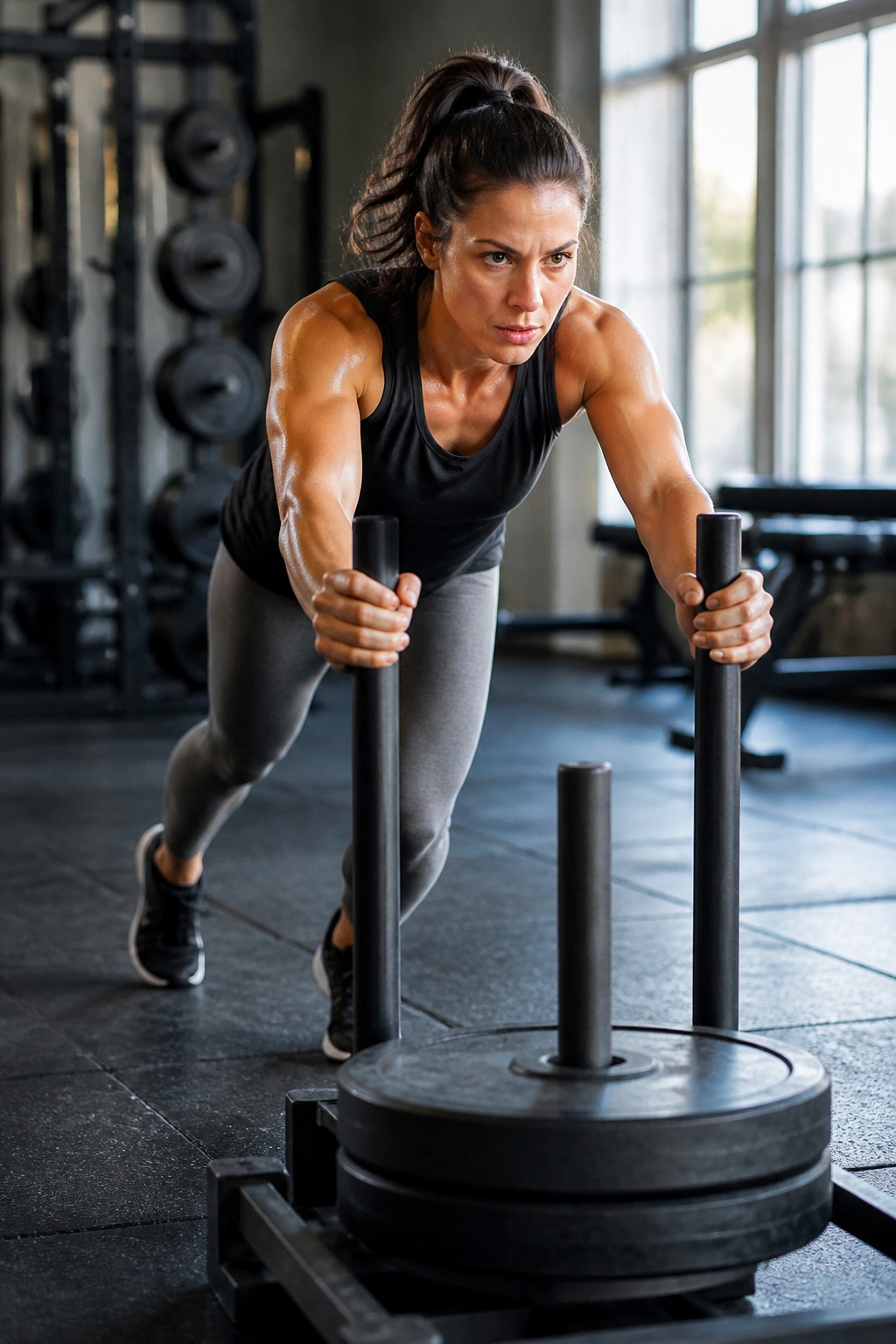 Athlete pushing a weighted sled in a gym for a low-impact circuit.