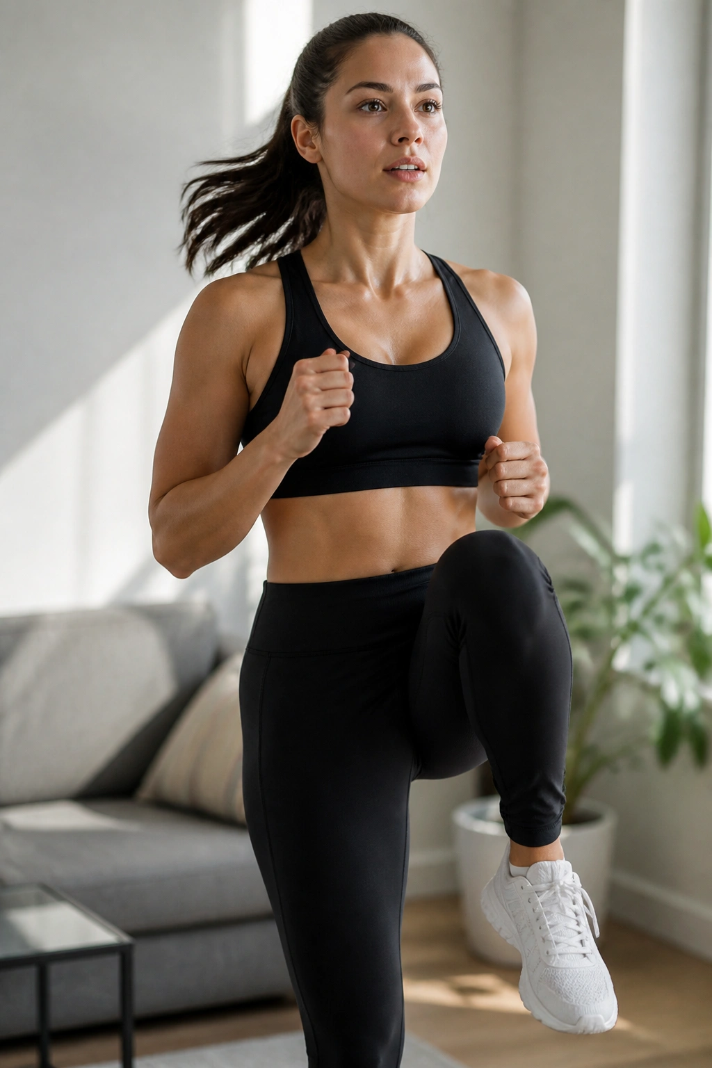 Mid-torso shot of a person performing standing knee drives in a bright apartment