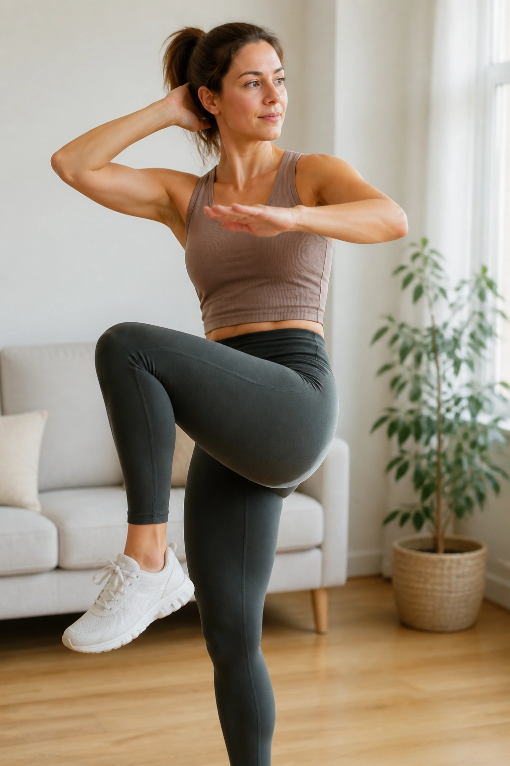 Person performing low-impact standing abs in a home setting