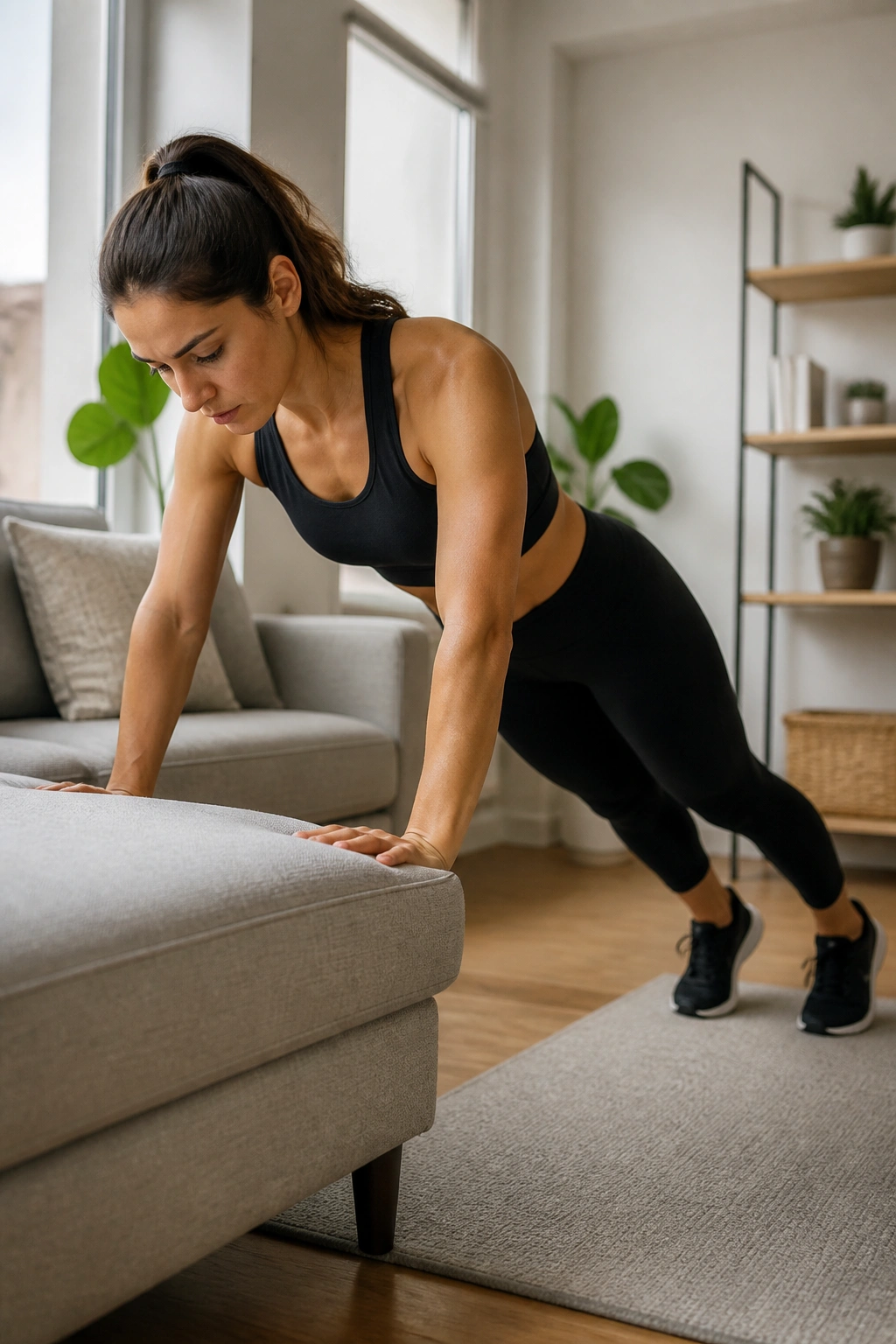 Real person performing low-impact CrossFit moves in a shared living space