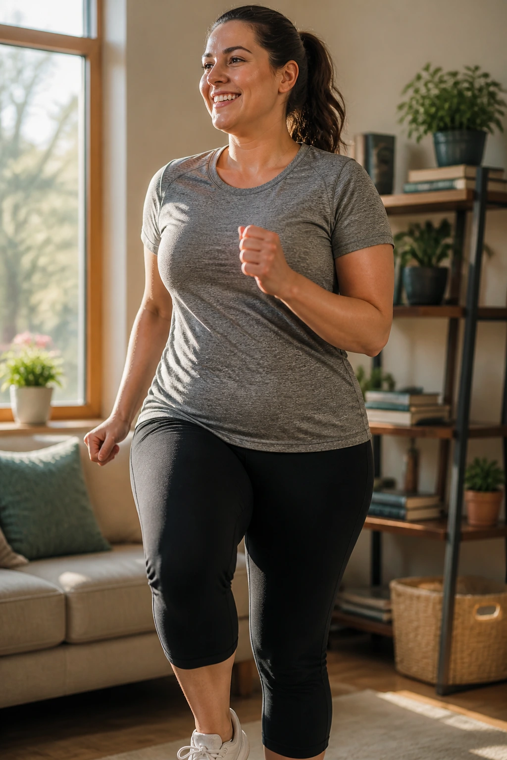 Real person performing a low-impact walking routine in a cozy living room with natural light