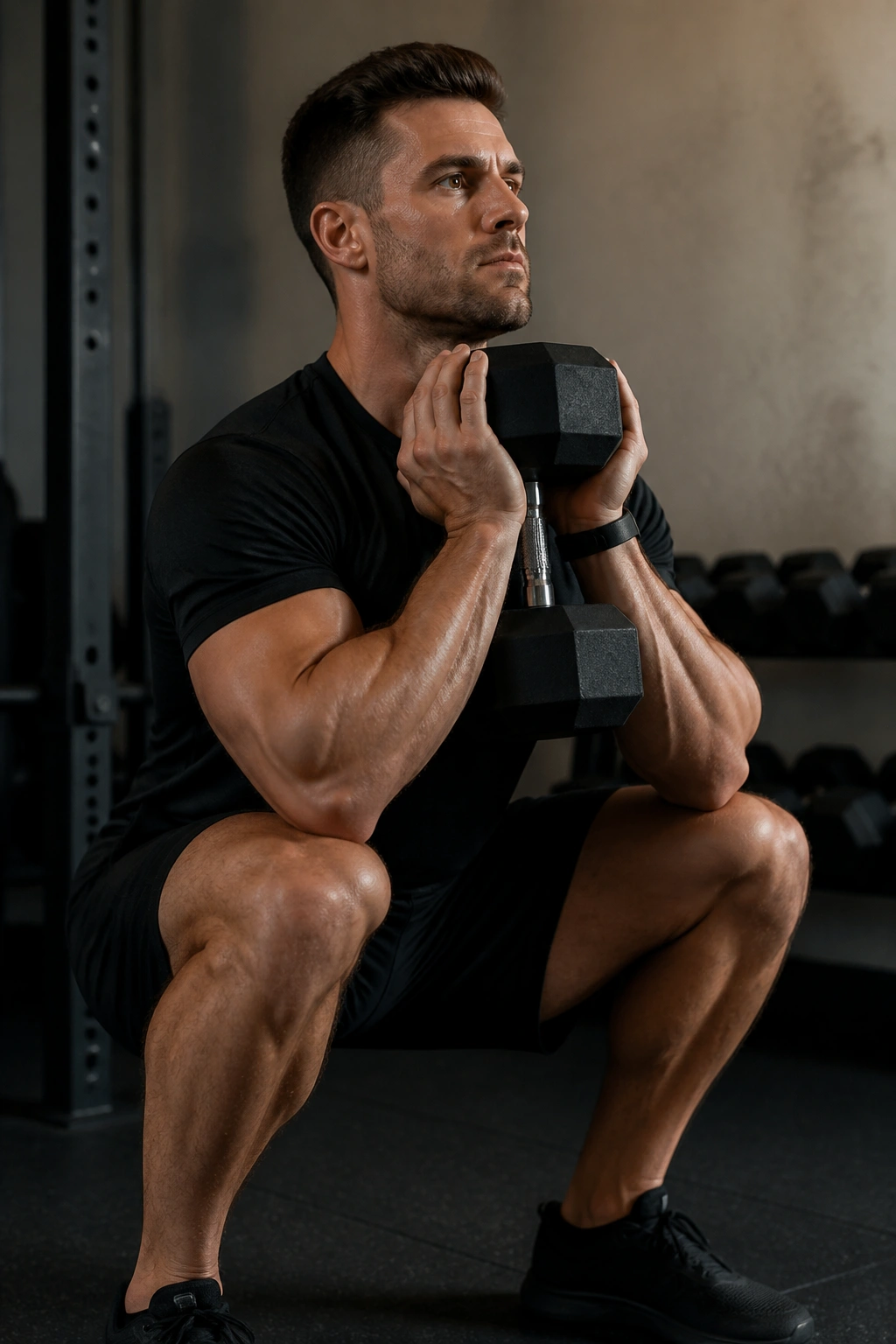 Lifters performing heavy low-rep dumbbell exercise in a home gym with controlled form.