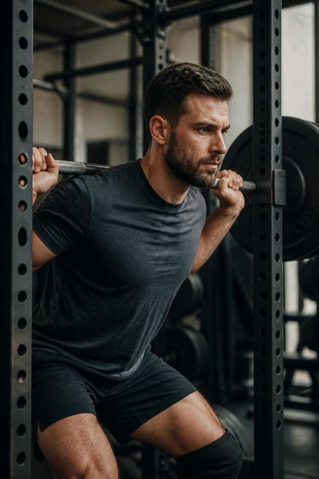 Medium-close shot of lifter gripping a heavy barbell at a squat rack