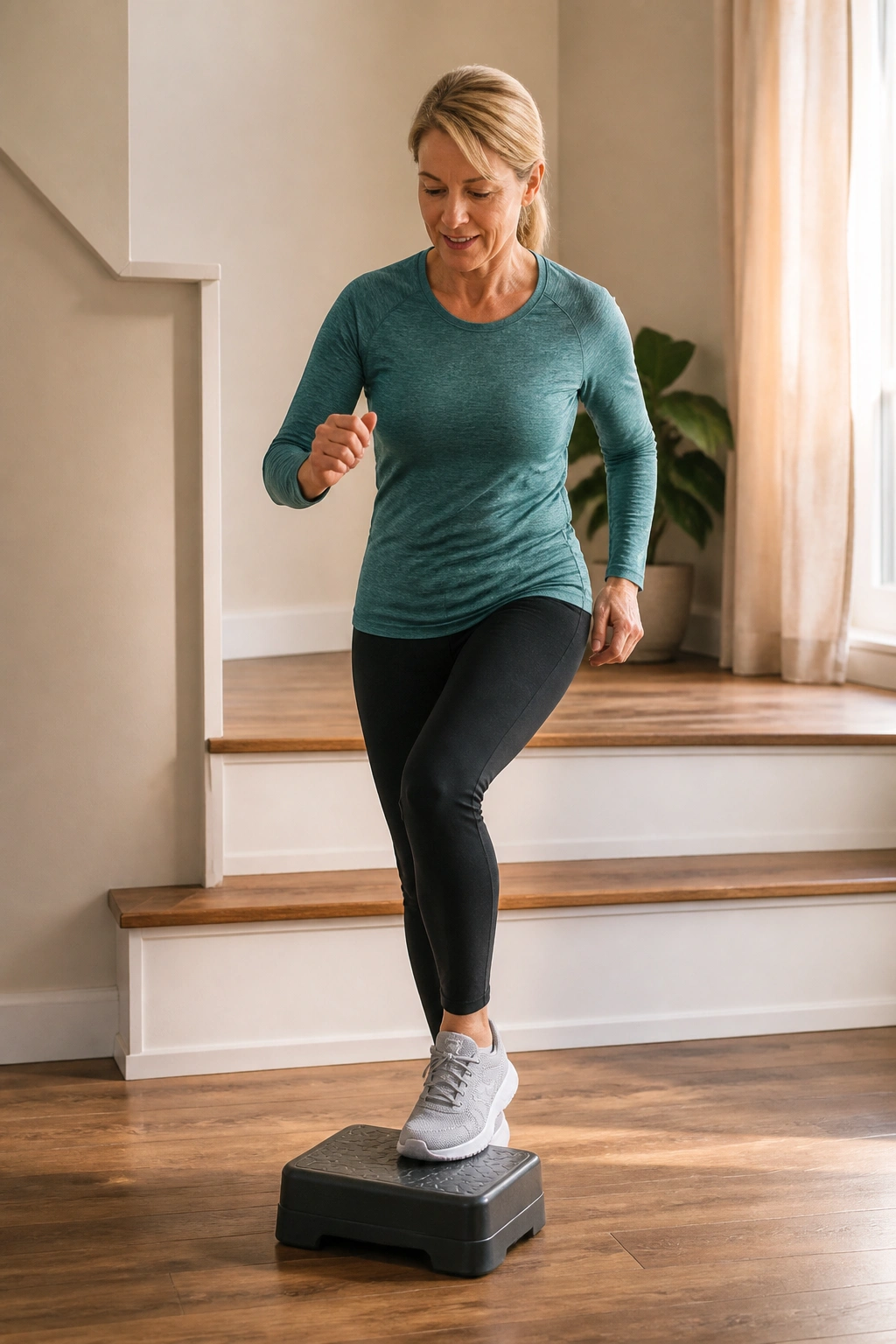 Person performing low step taps on a small step at home