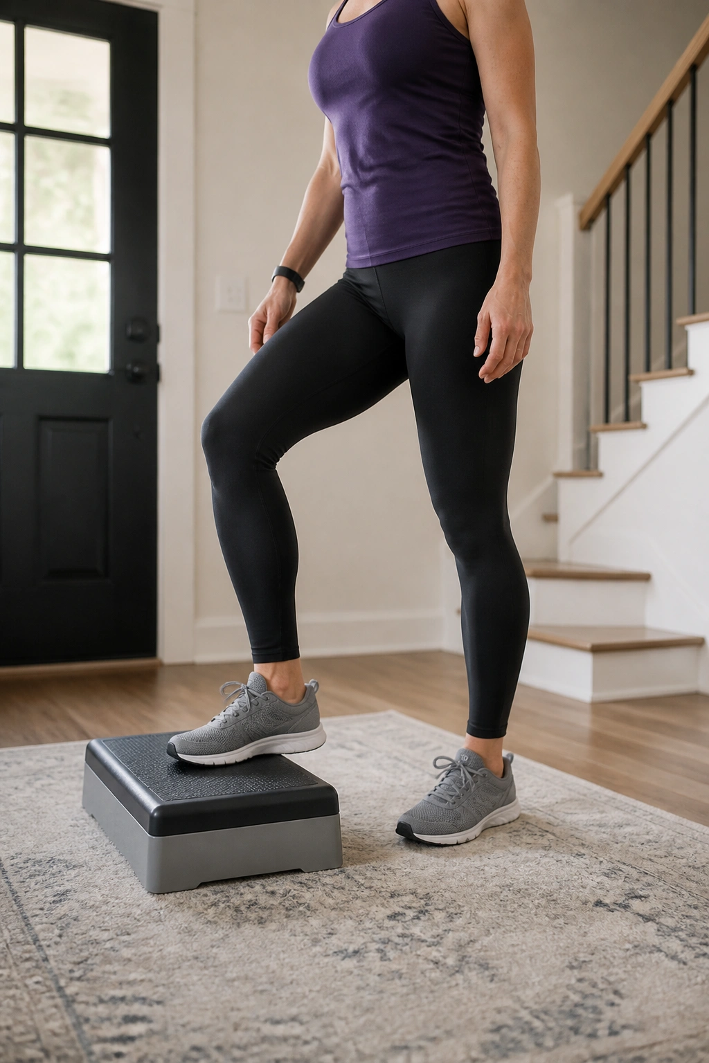 Real person performing a low step-up onto a small step in a home setting