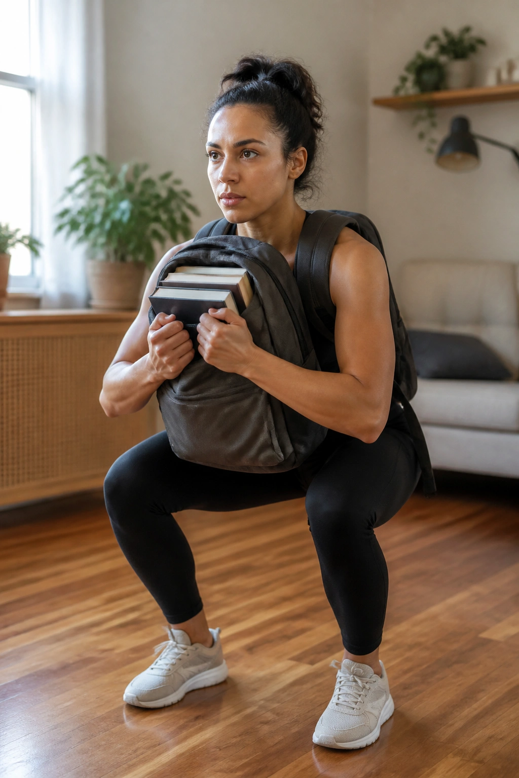 Waist-up shot of a person with a backpack performing goblet squats at home