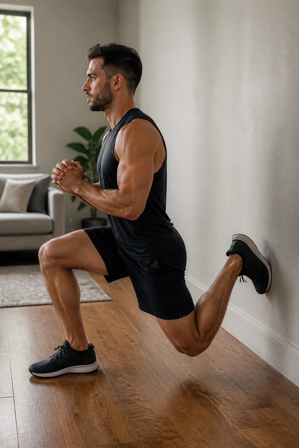 Side view of a real person performing split squats at home