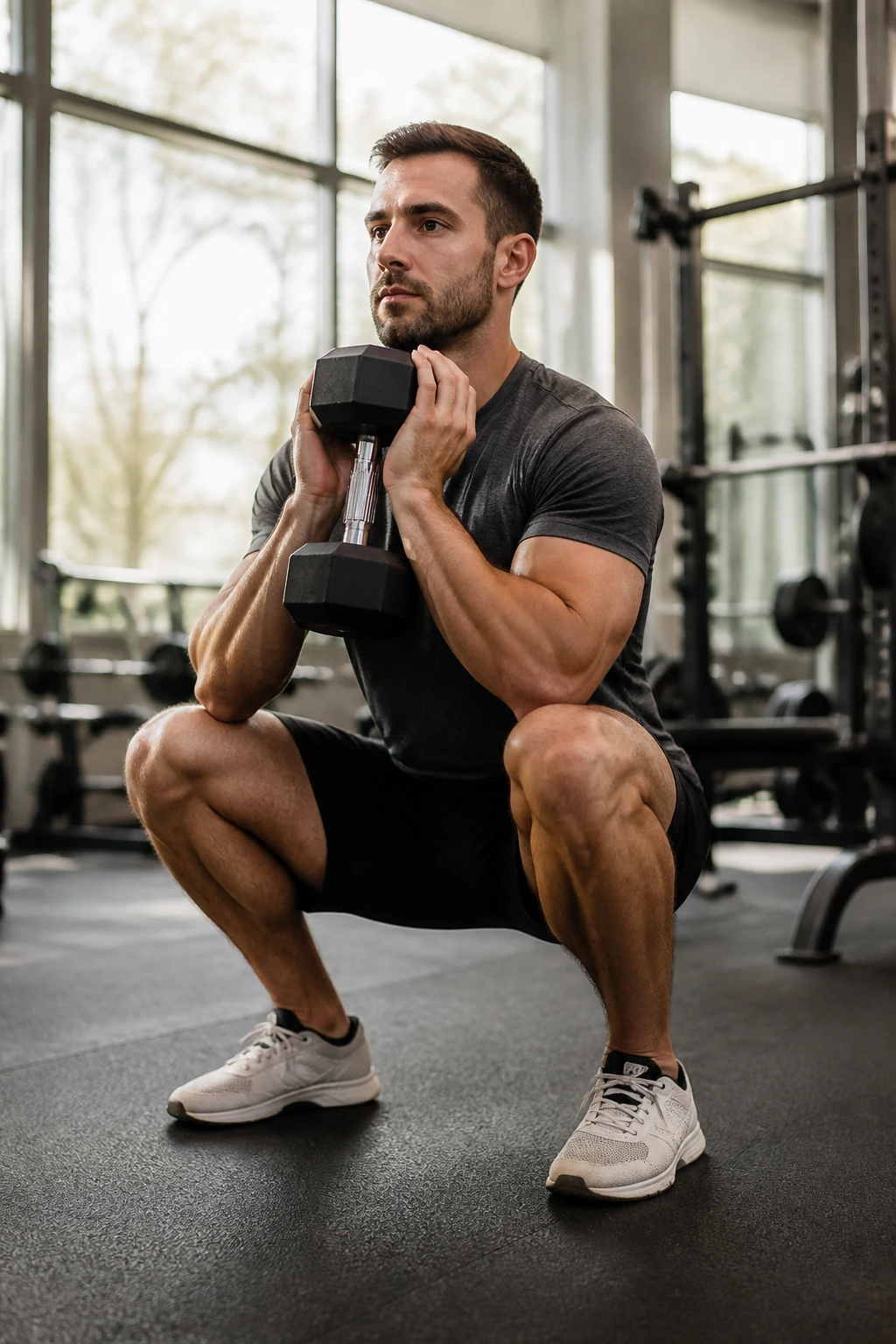Person performing goblet squat in a gym