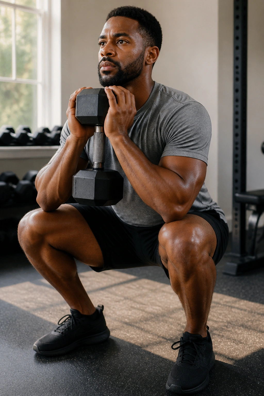 Person performing goblet squats with a dumbbell in a home gym