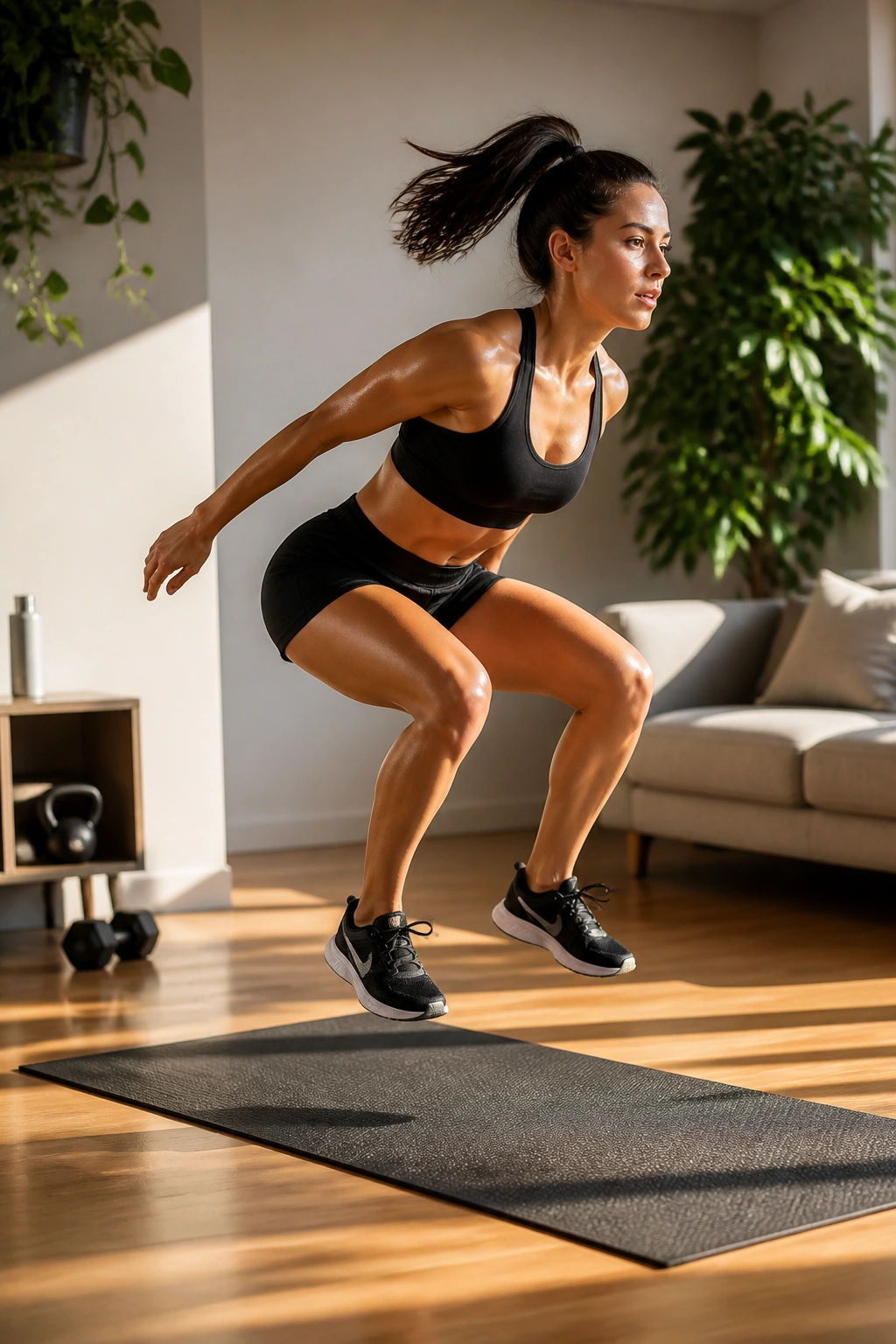 Athlete performing a jump squat in a living room