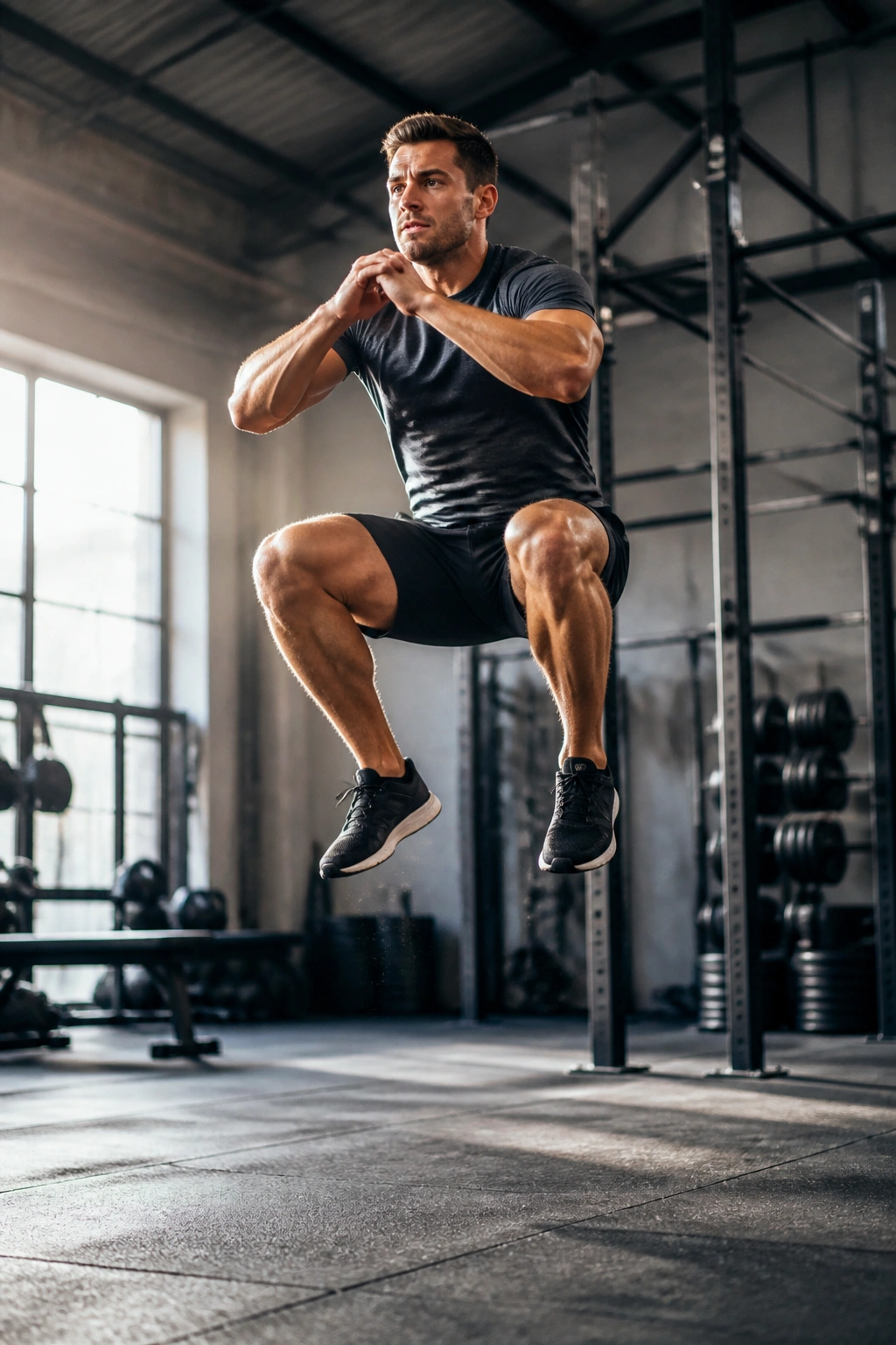 Dynamic jump squat mid-air showing explosive leg power