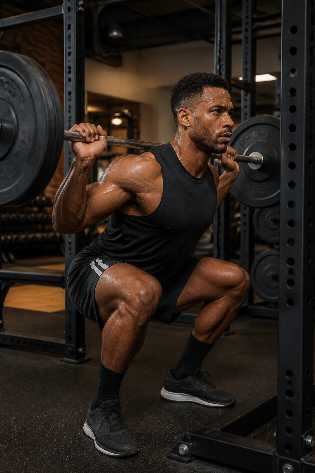 Athlete performing back squat in squat rack