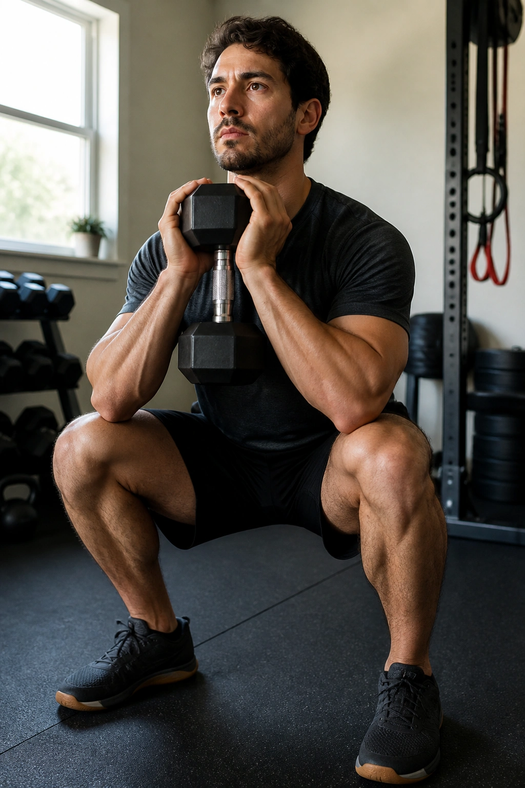 Medium close-up of a person goblet-squatting as part of a strength ladder in a home gym