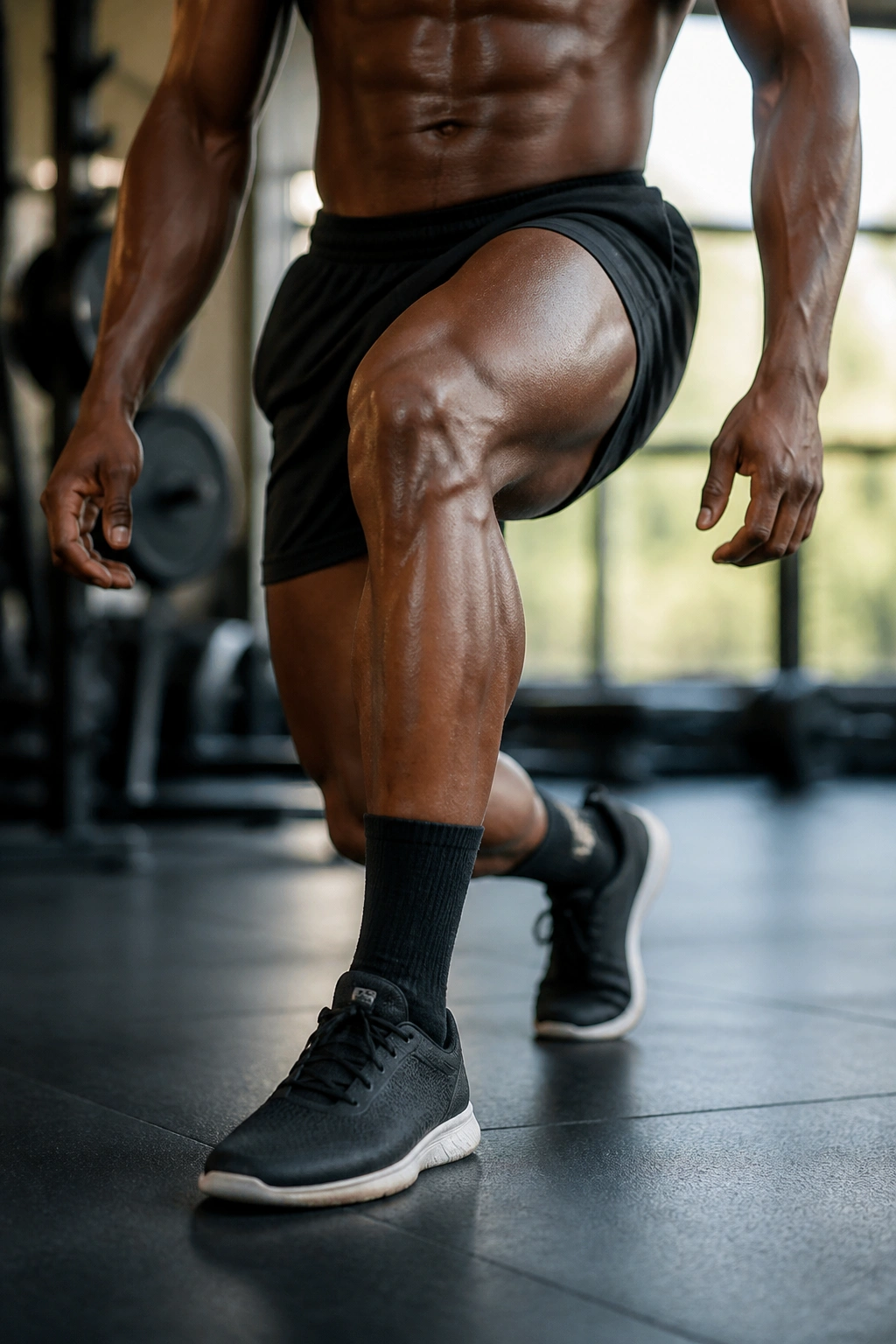 Close-up of leg muscles during walking lunge in gym