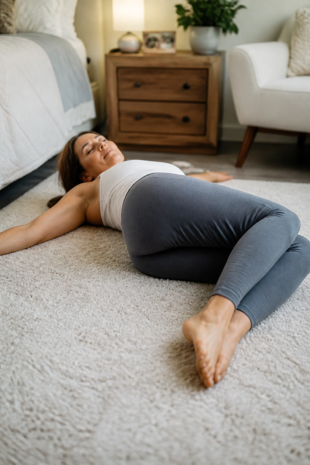 Back rotation exercise showing knees dropping to one side in a cozy home setting
