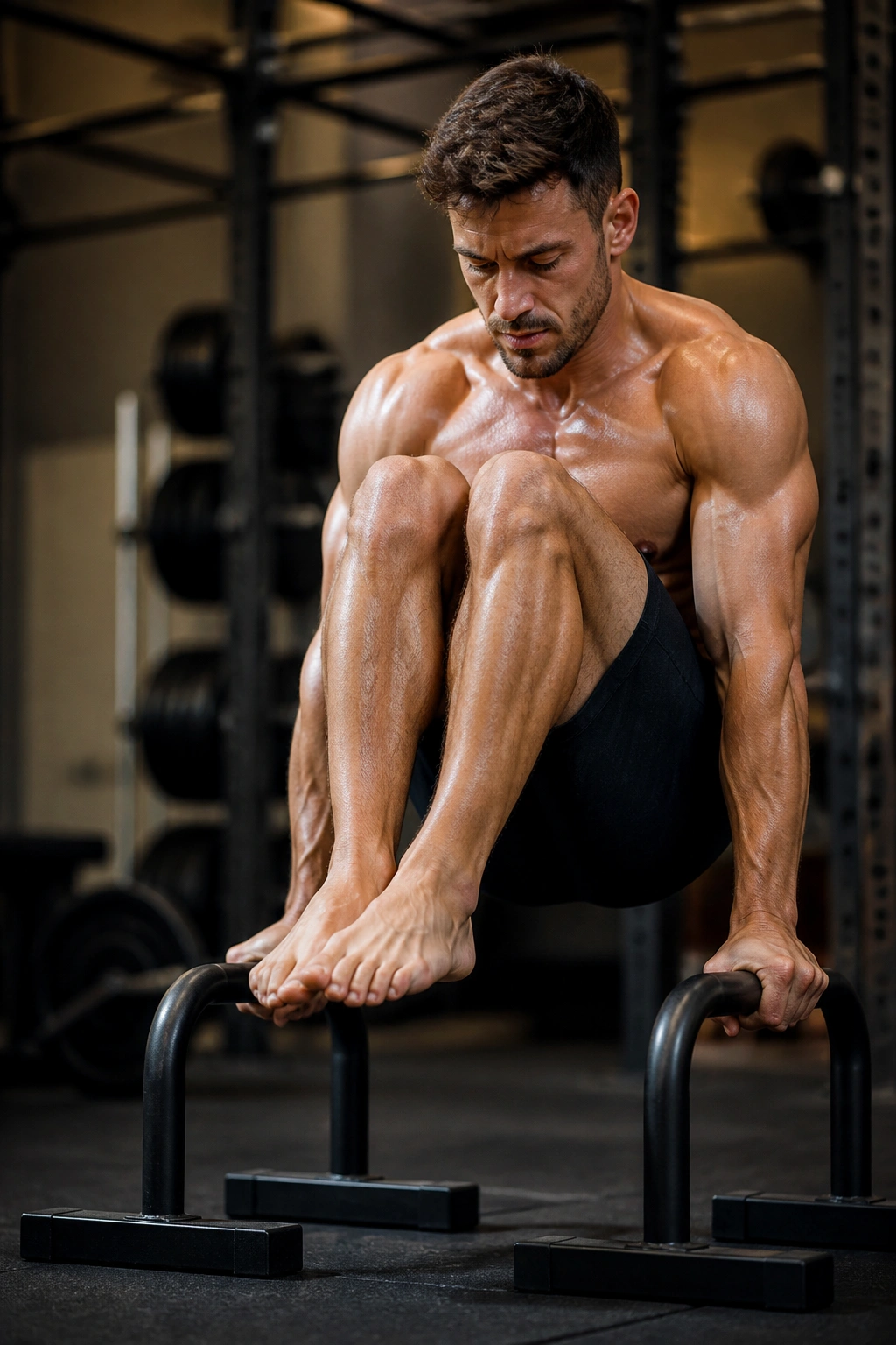 Close-up of an athlete performing an L-sit tuck on parallettes in a gym