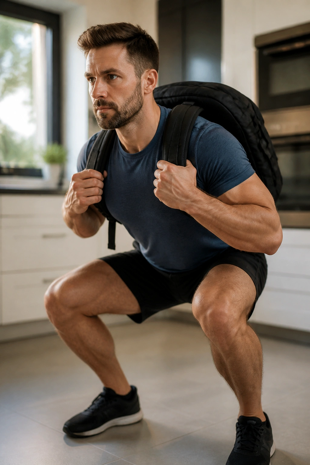 Person performing a quick full-body squat with backpack in a bright kitchen