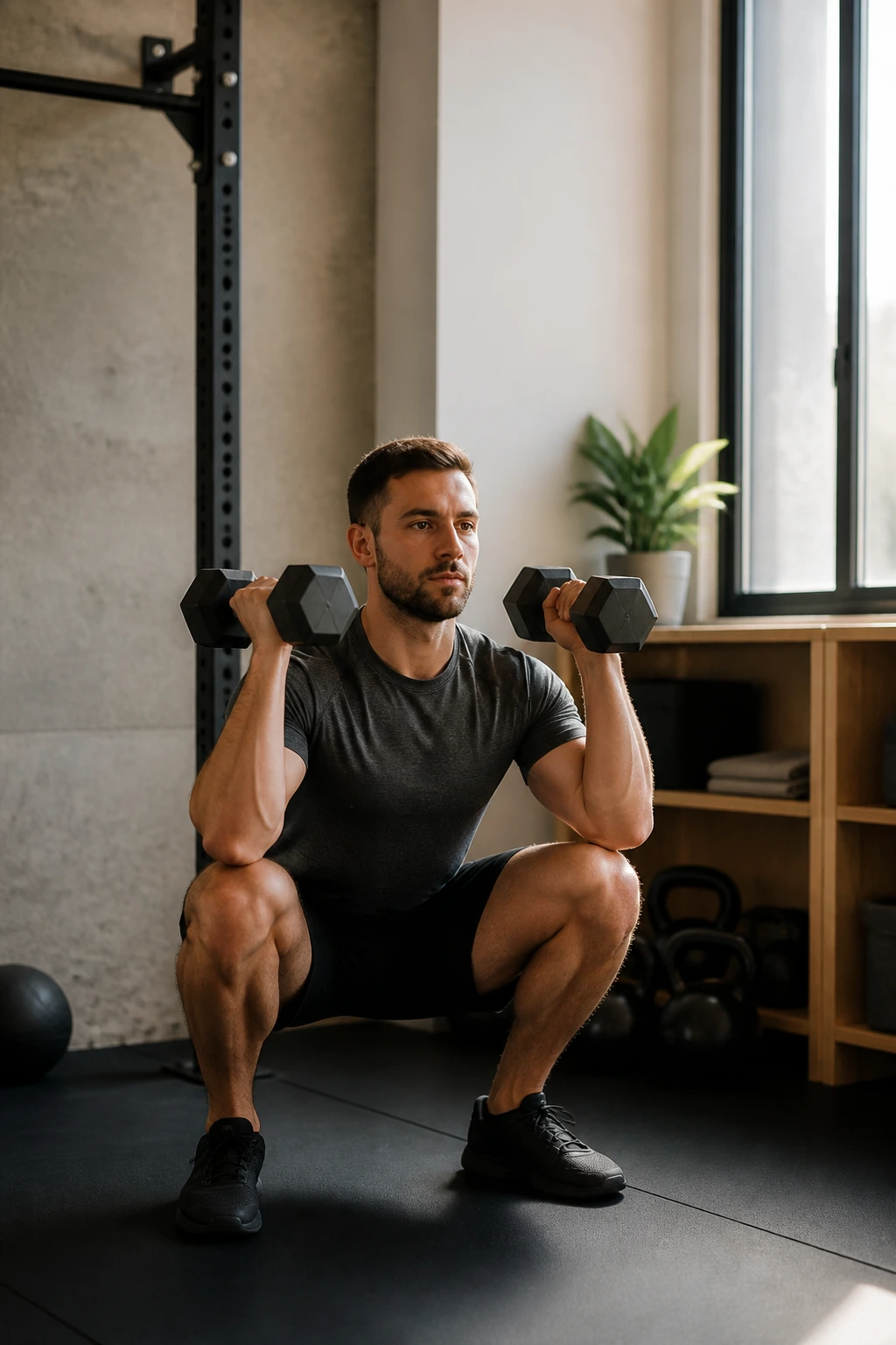 Person executing dumbbell squat-to-press in compact gym corner