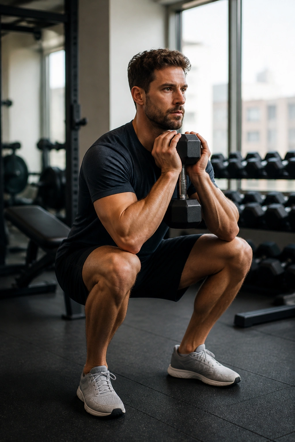 Person performing goblet squat in a compact office gym