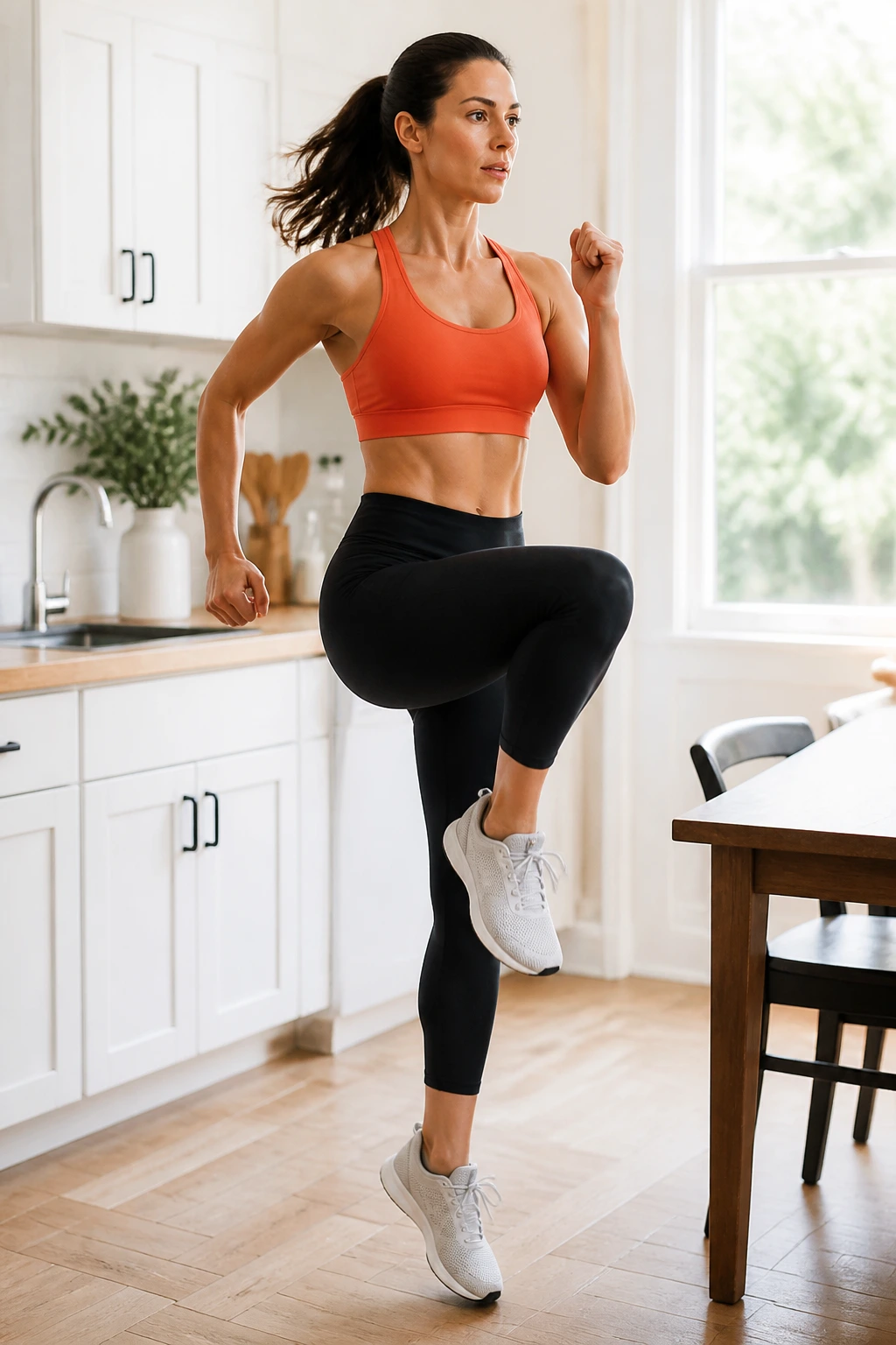 Person performing quick standing cardio in a bright kitchen during a lunch break.