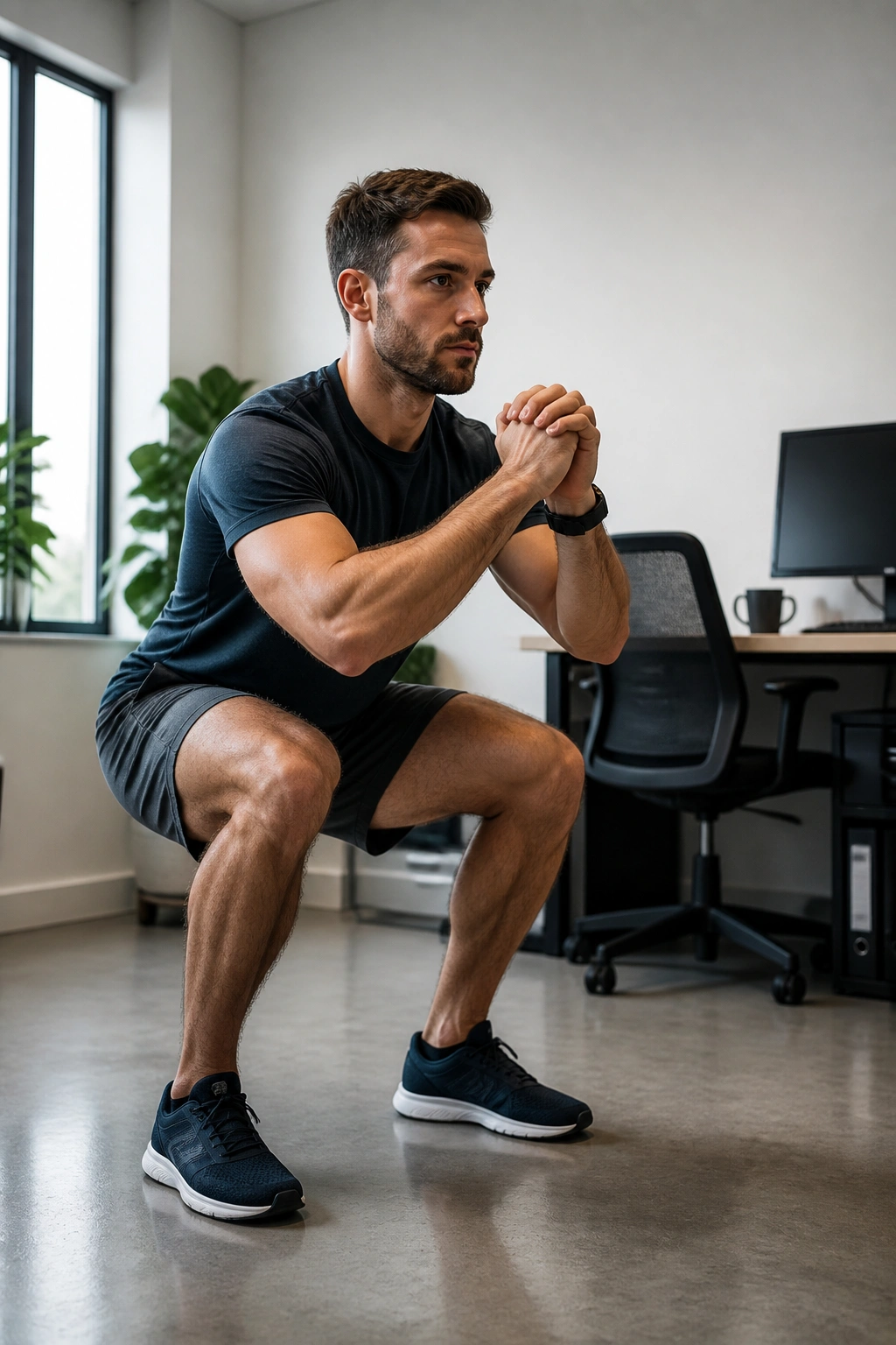 Person doing quick lunch-break workout with squats in office break area