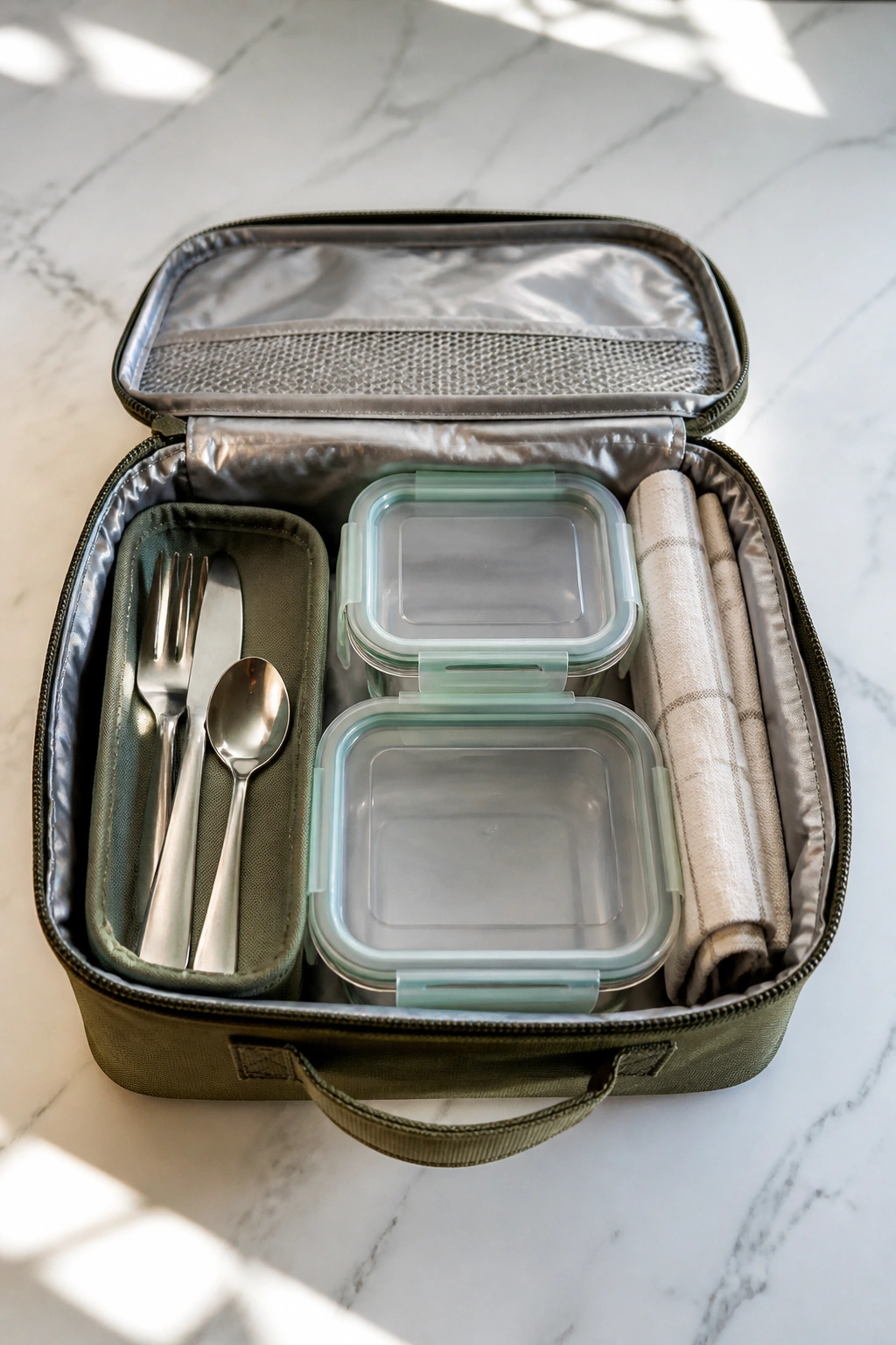 Lunch kit with stainless cutlery and containers on a kitchen counter