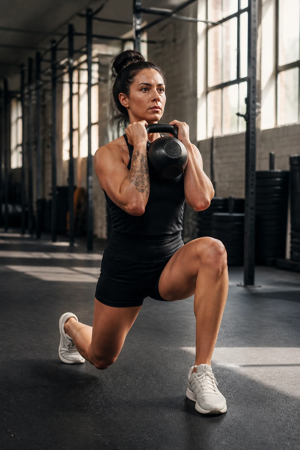 Real person performing lunge with kettlebell front rack in gym