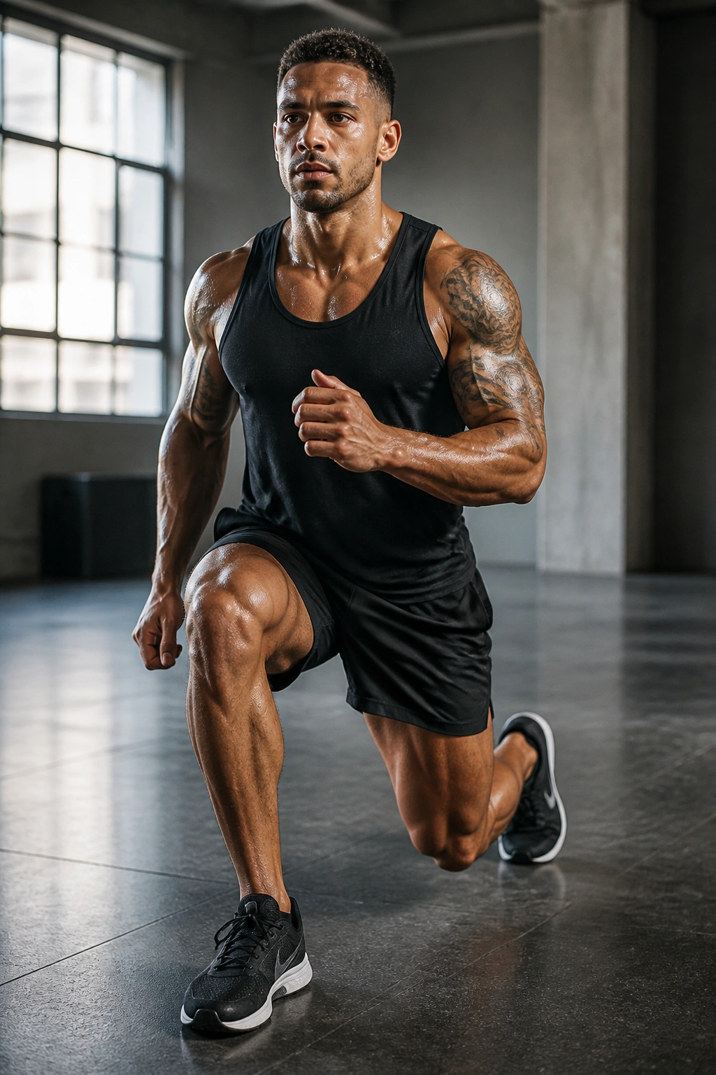 Real athlete performing walking lunges in gym