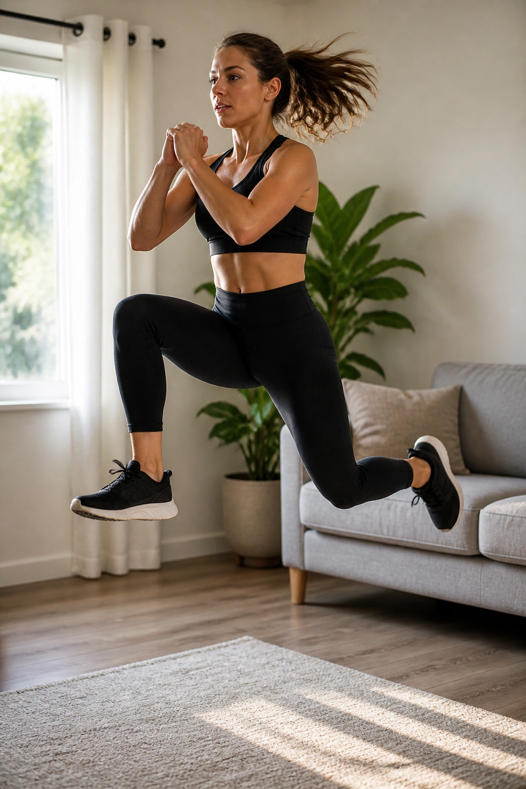 Real person mid-air performing lunge jumps in a home setting