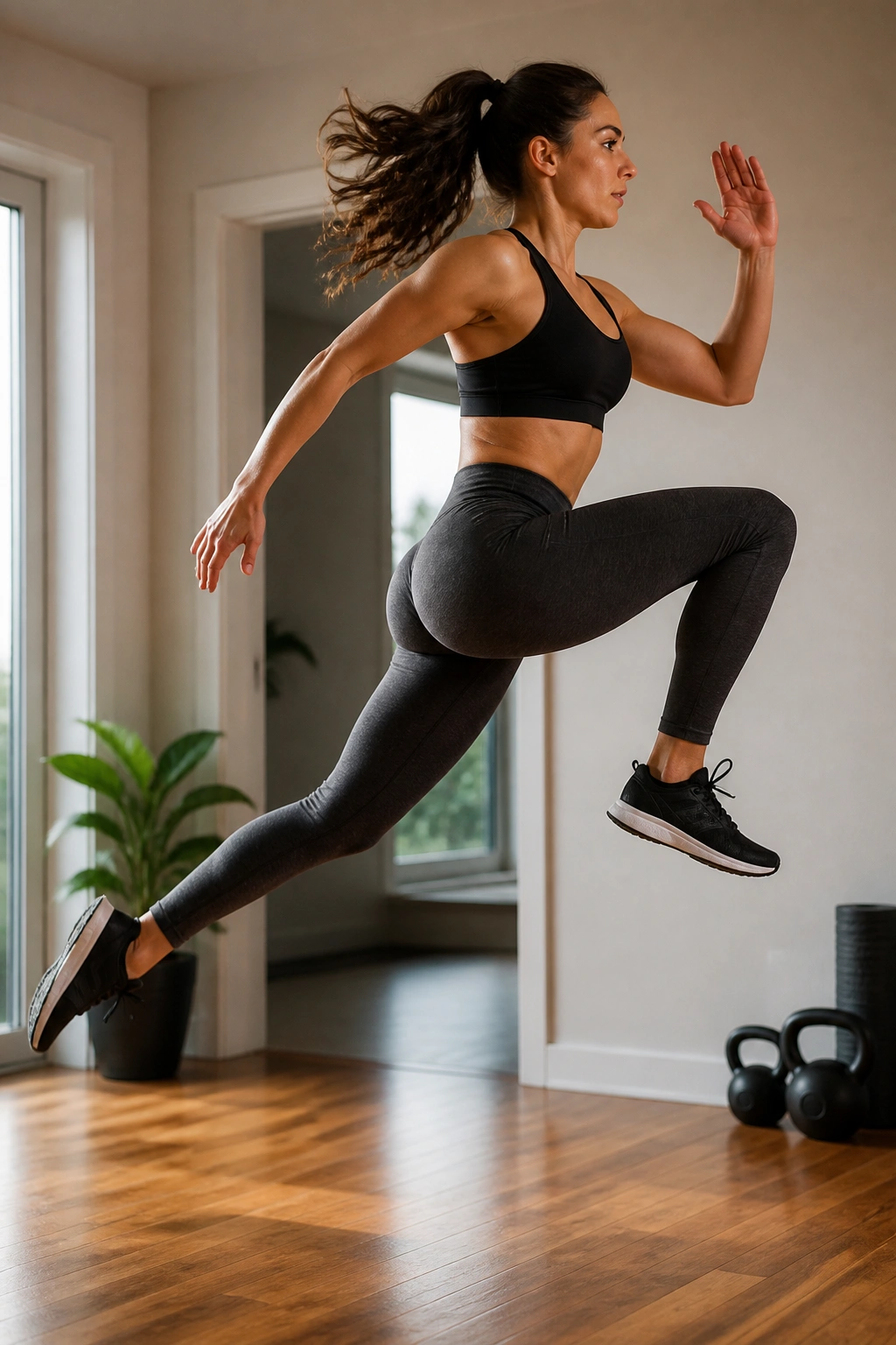 Person performing lunge jump in home setting, mid-air with strong leg drive.