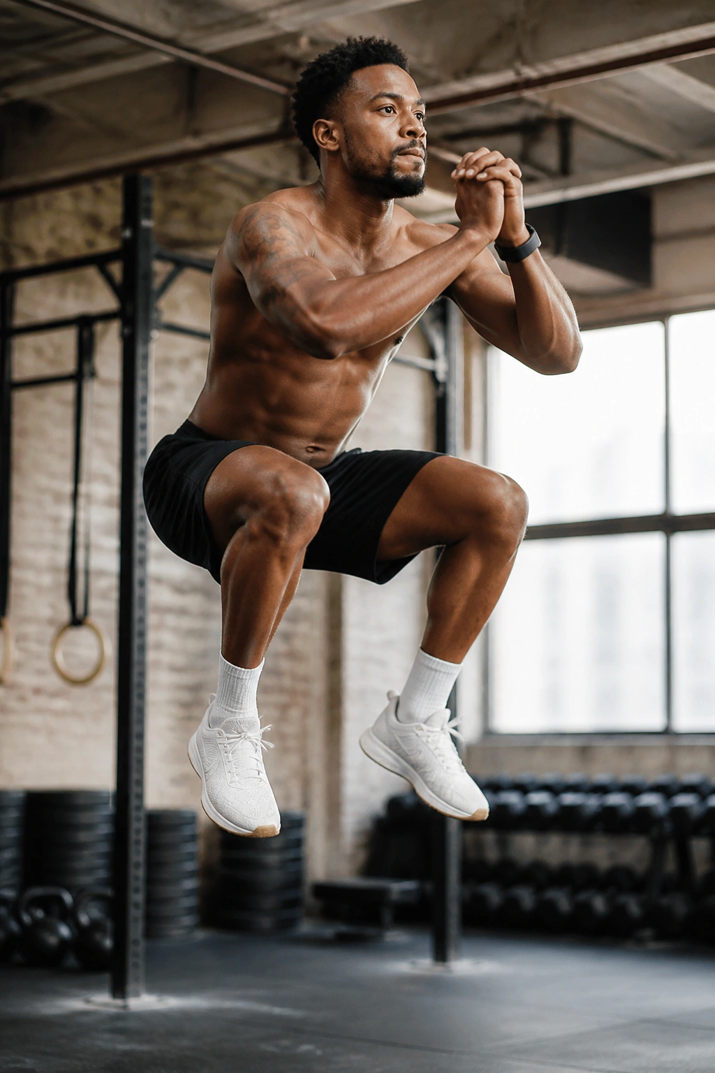 Athlete performing jump squat in gym for HIIT circuit