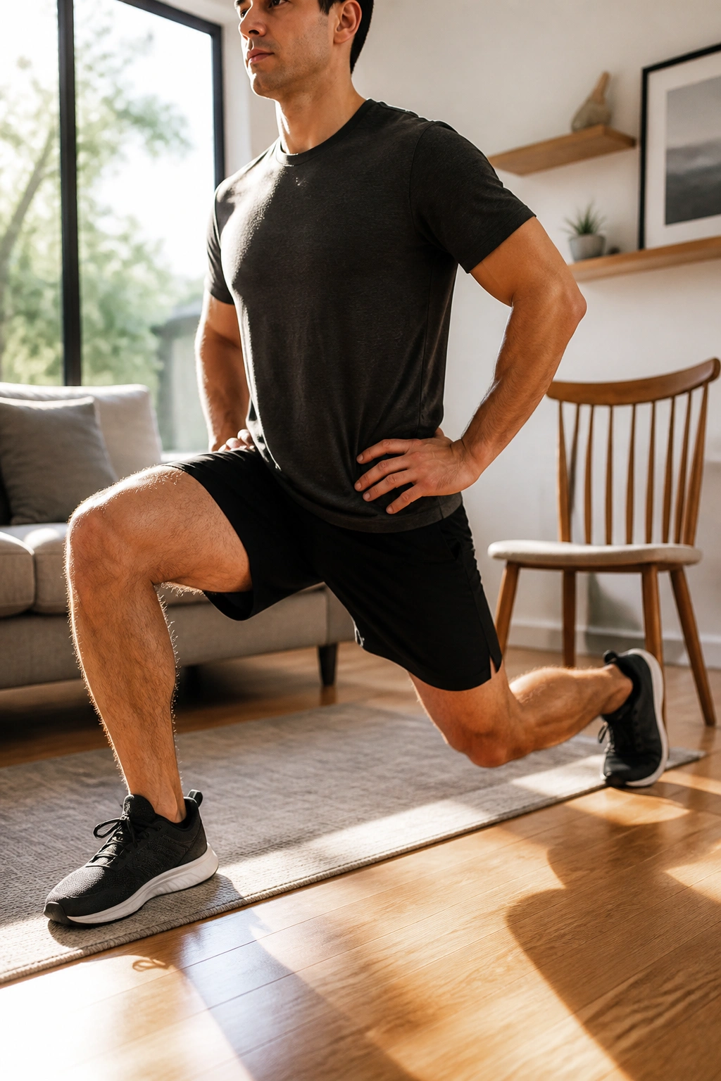 Real person performing walking lunges in a sunlit home living room.