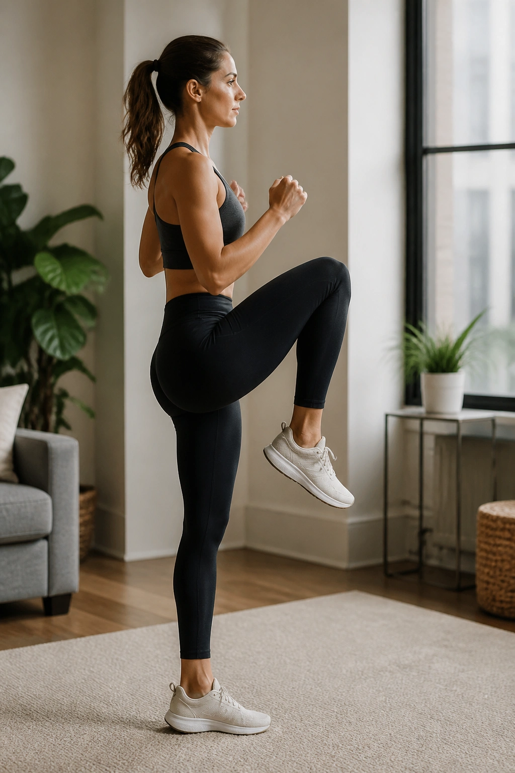 Side profile of a person performing lunges with knee drive in a home setting, showing knee drive and balance.