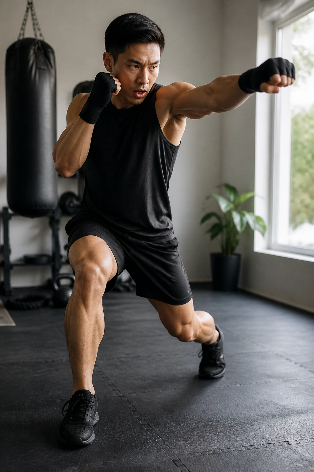 Person lunging and punching in a home gym, showing leg extension and punch.