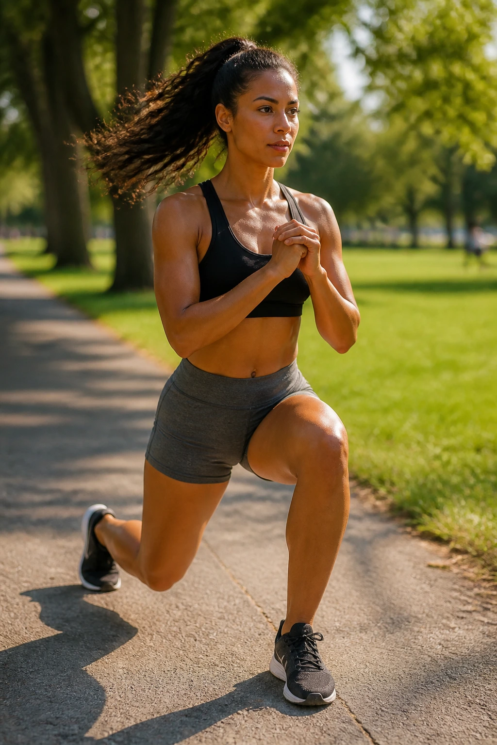 Mid-shot of a person performing a lunge in a sunlit park