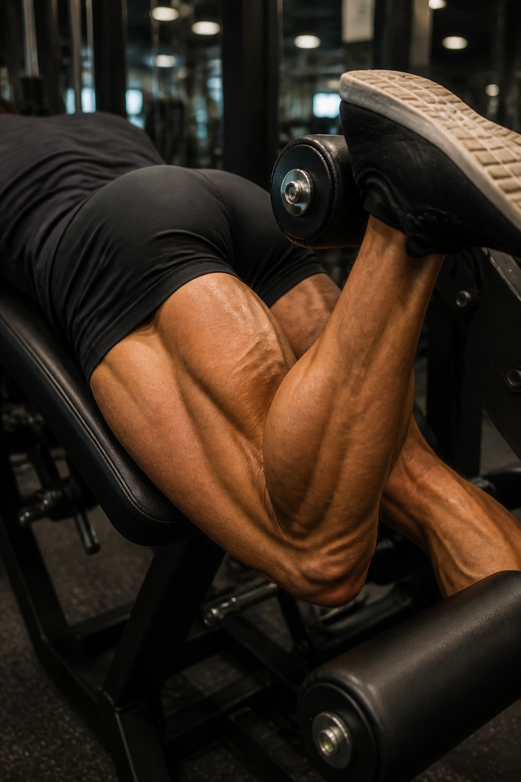 Lifter performing lying leg curl on hamstring machine