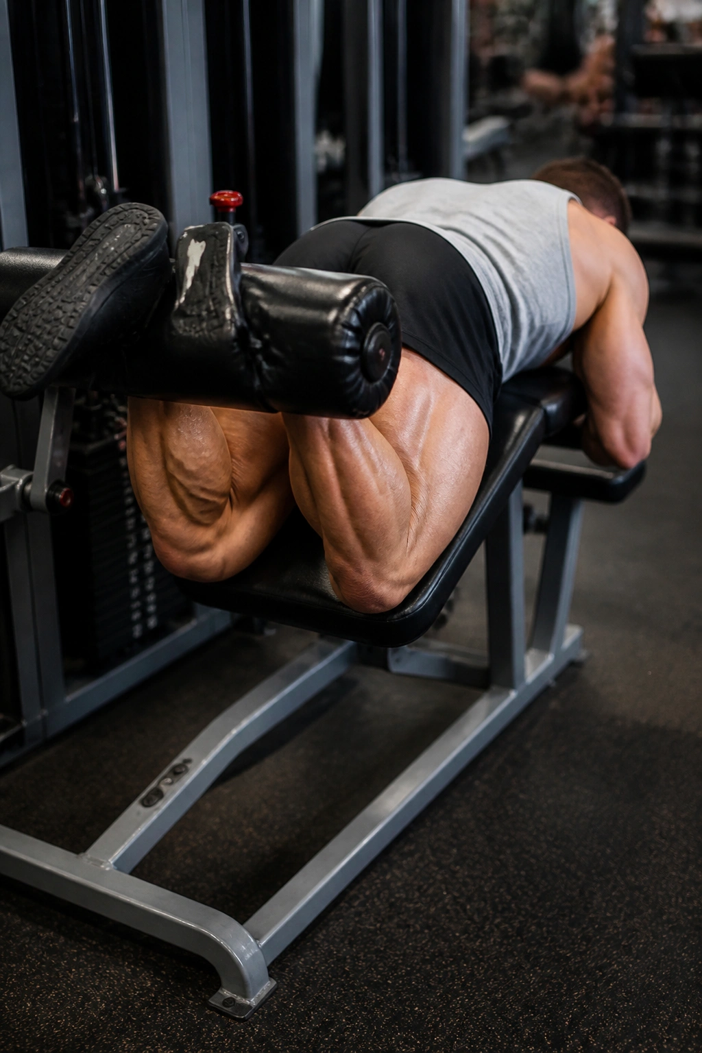 Lying leg curl exercise showing hamstring contraction on bench in gym