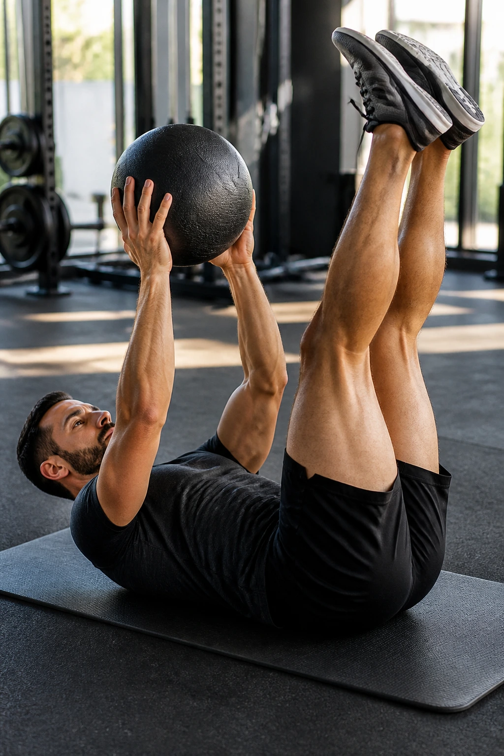 Real person lying on back pressing medicine ball during leg raise