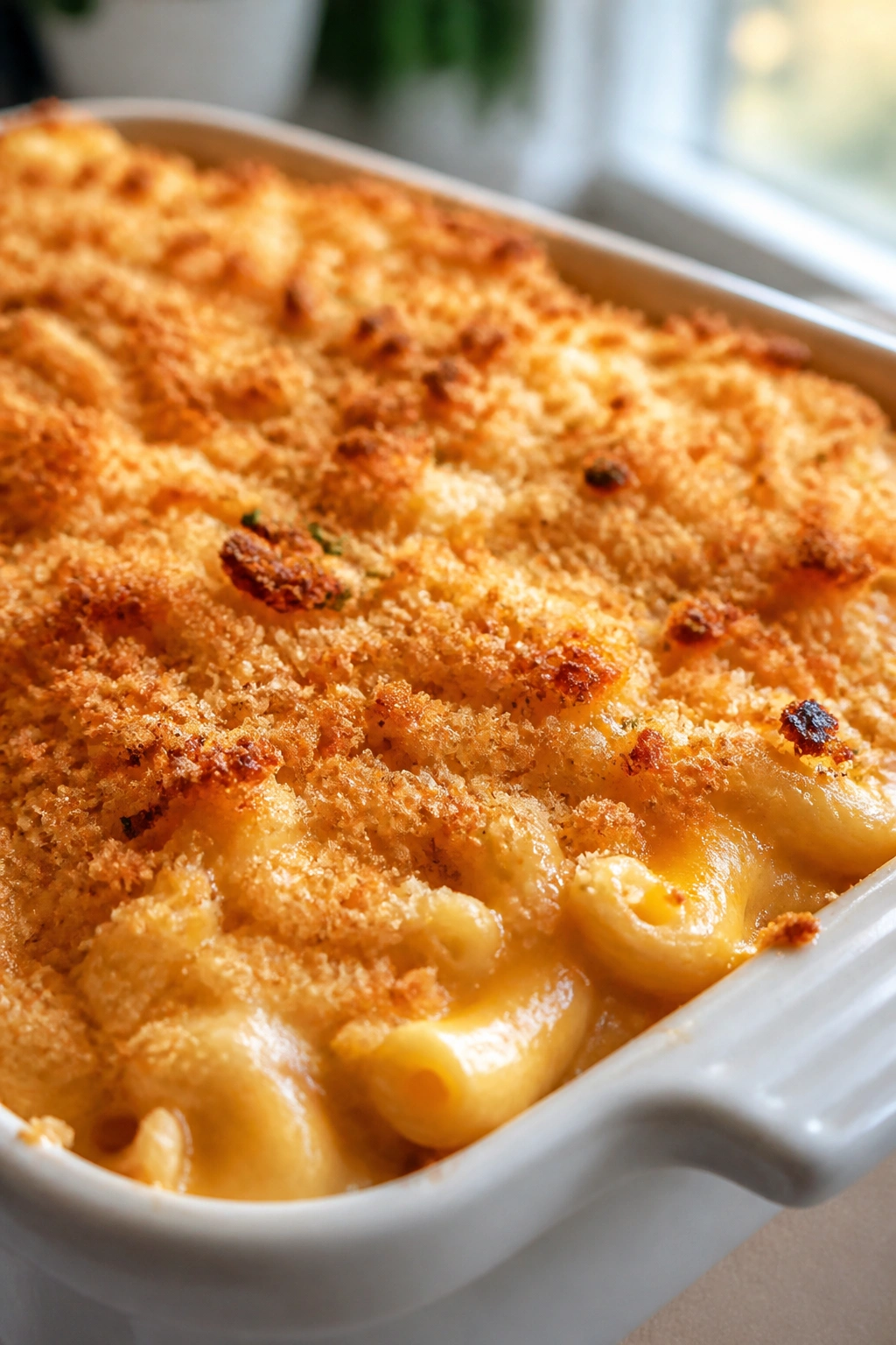 Close-up of baked macaroni and cheese with crispy breadcrumbs in a buttered dish