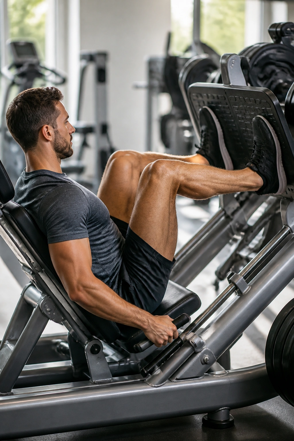 Person operating a leg press machine in a gym