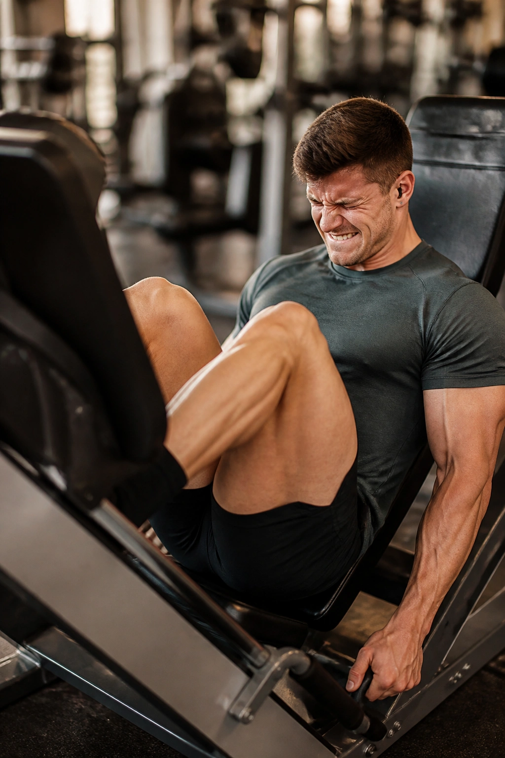 Medium-close portrait of a person using a leg press in a gym, focused on effort