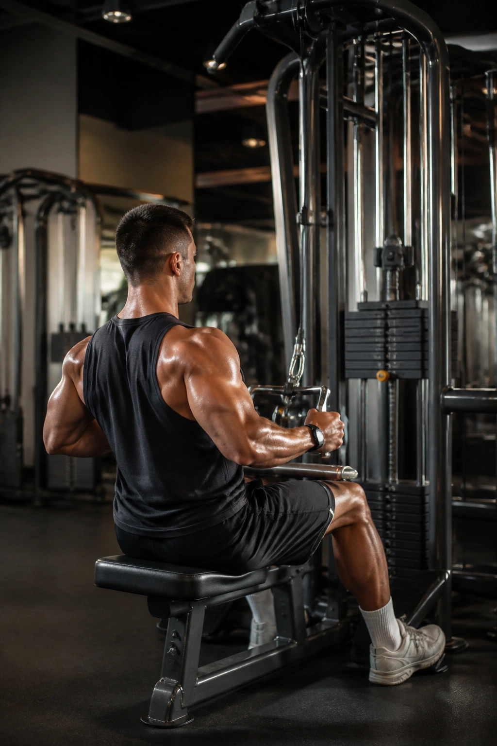 Athlete using a weight machine in gym
