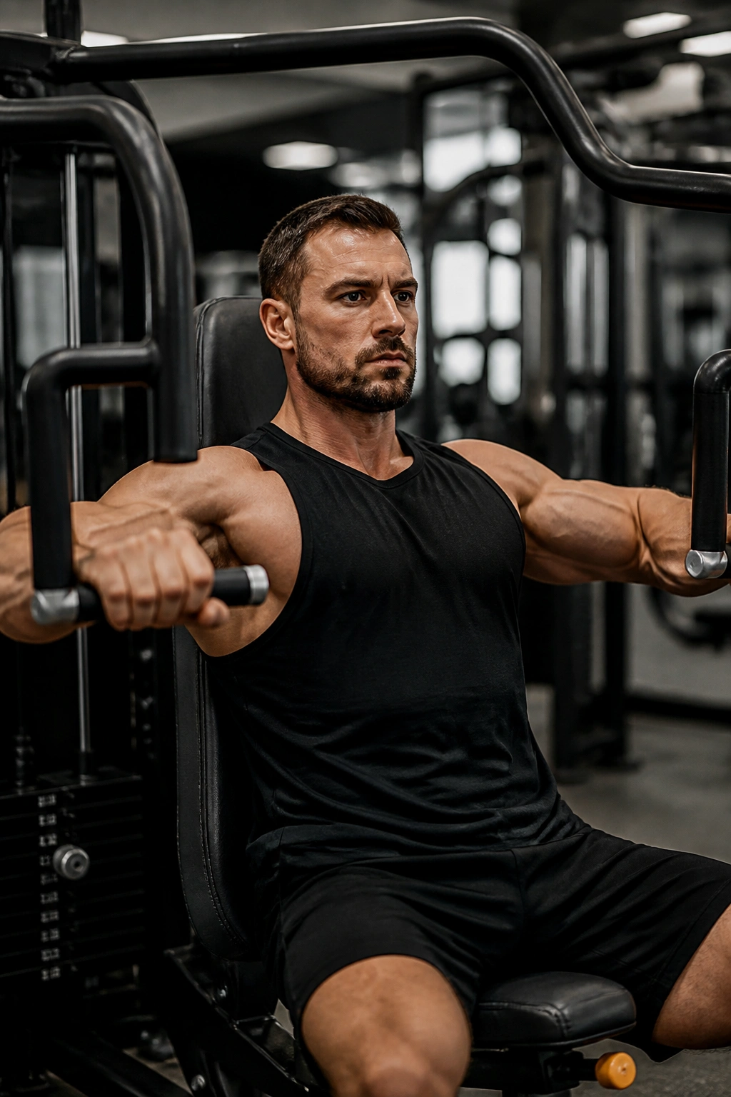 Person using a chest press machine with controlled movement