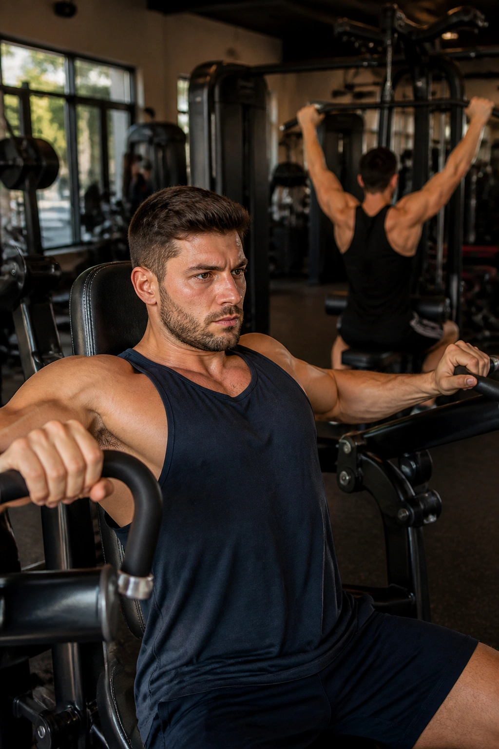 Close-up of a lifter using a chest press machine with lat pulldown visible in the background