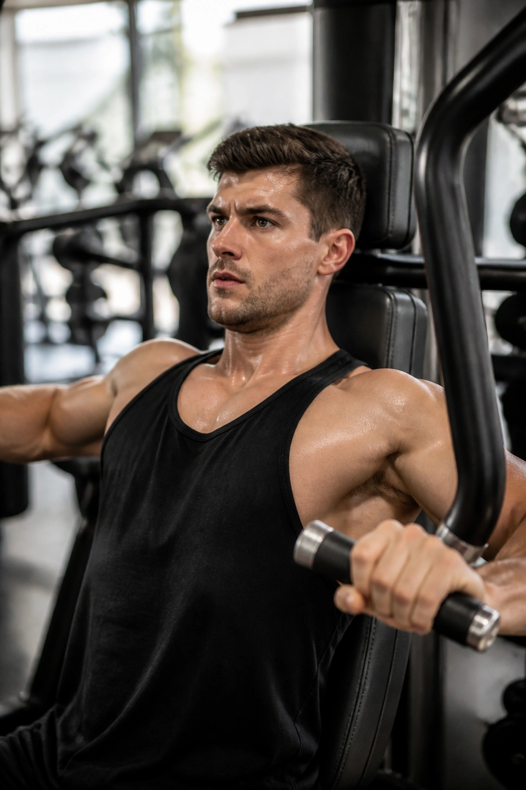 Real person using a chest press machine showing upper body engagement.