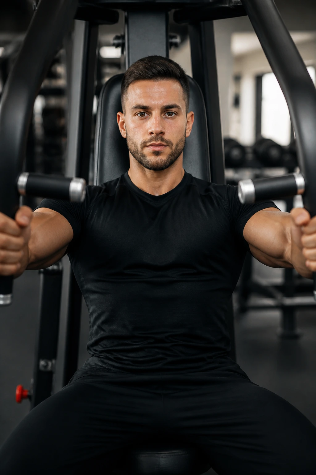 Person using a machine chest press in a gym during a confidence-building pyramid