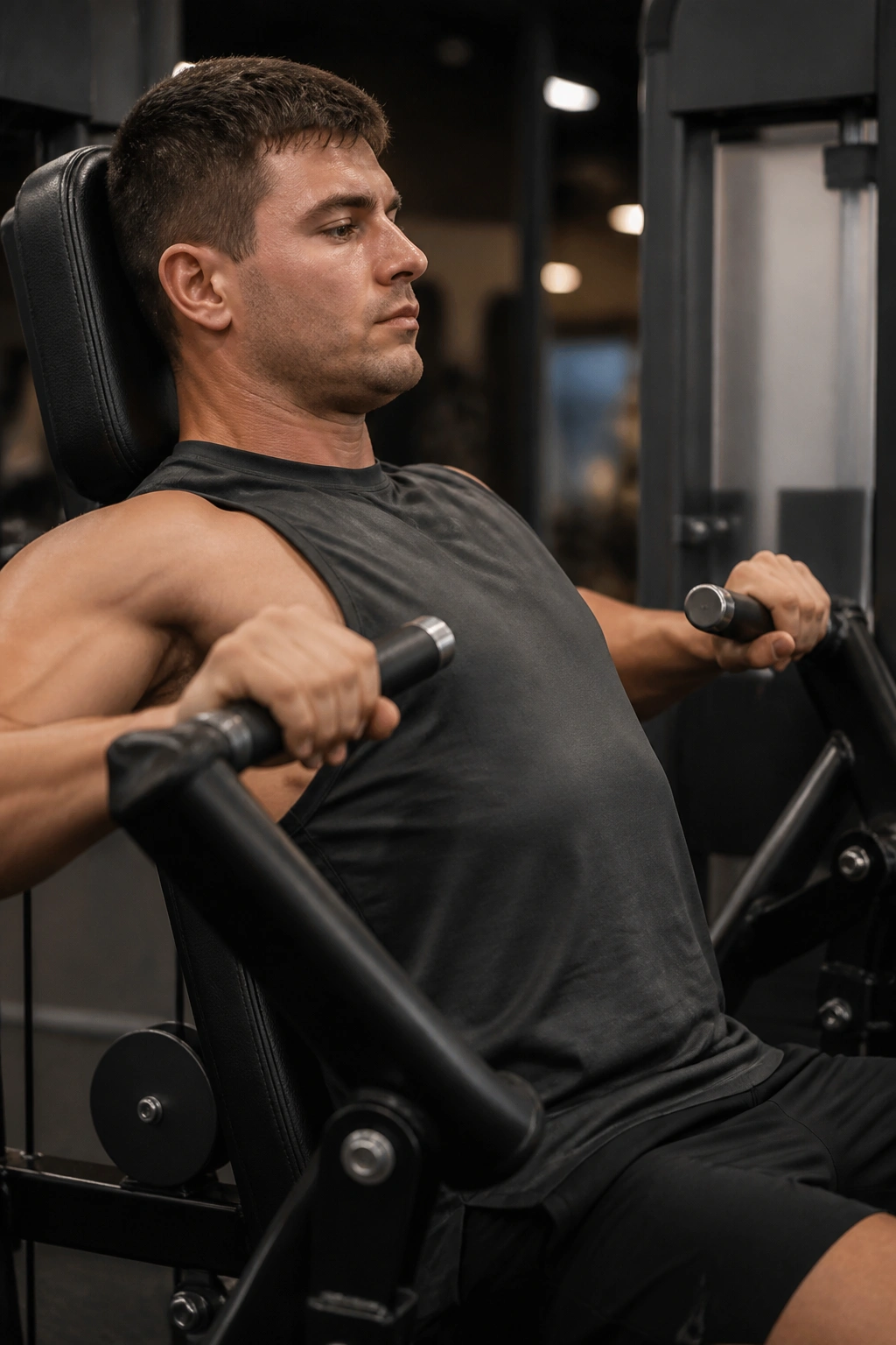 Close-up of a real person using a chest press machine in a gym